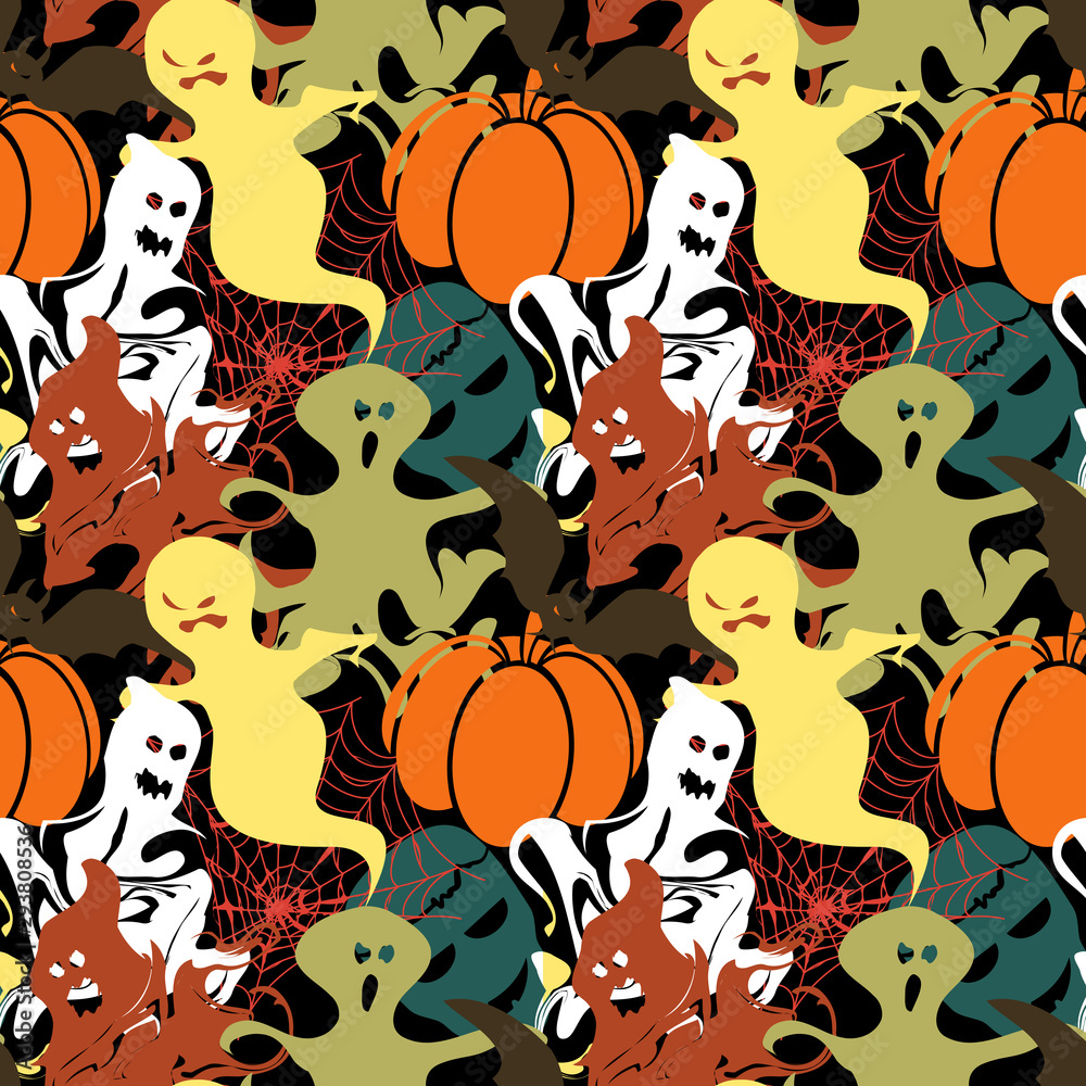 Obraz premium Vector Abstract Seamless Halloween Pattern For Girls And Boys. Illustration On A Black Background. Wallpaper for textile and fabric
