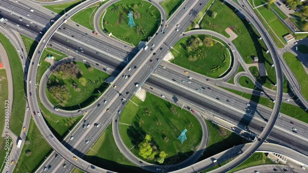 Aerial view of a freeway intersection traffic trails in Moscow. Aerial view of a freeway intersection traffic trails in Moscow.