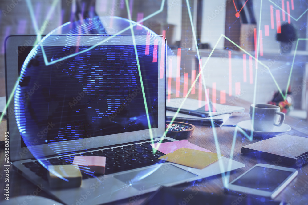 Financial market graph hologram and personal computer on background. Double exposure. Concept of forex. Financial market graph hologram and personal computer on background. Double exposure. Concept of forex.