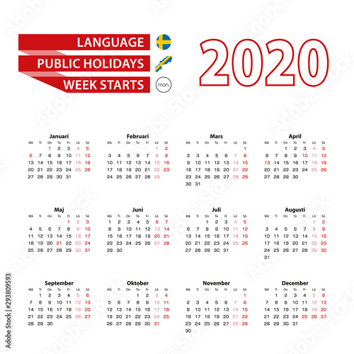Calendar 2020 in Swedish  language with public holidays the country of Sweden in year 2020.