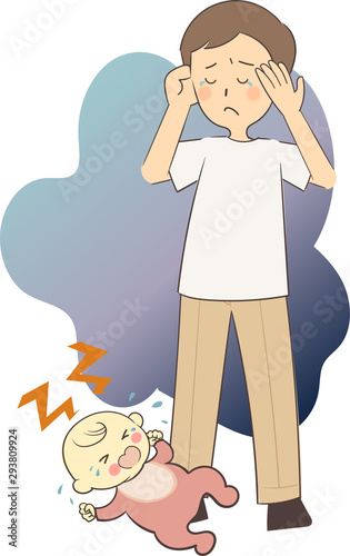 泣く赤ちゃんと困るお父さん