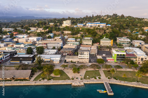 Aerial view of Port Vila city center with the waterfront promenade and the seawall public park in Vanuatu capital city