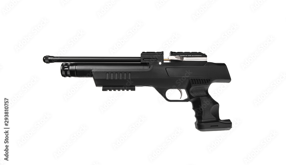 Modern air rifle with folding butt and collimator sight isolate on a white background. Pneumatic rifle isolated on white back.