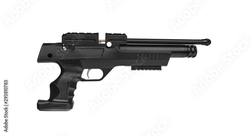 Modern air rifle with folding butt and collimator sight isolate on a white background. Pneumatic rifle isolated on white back.