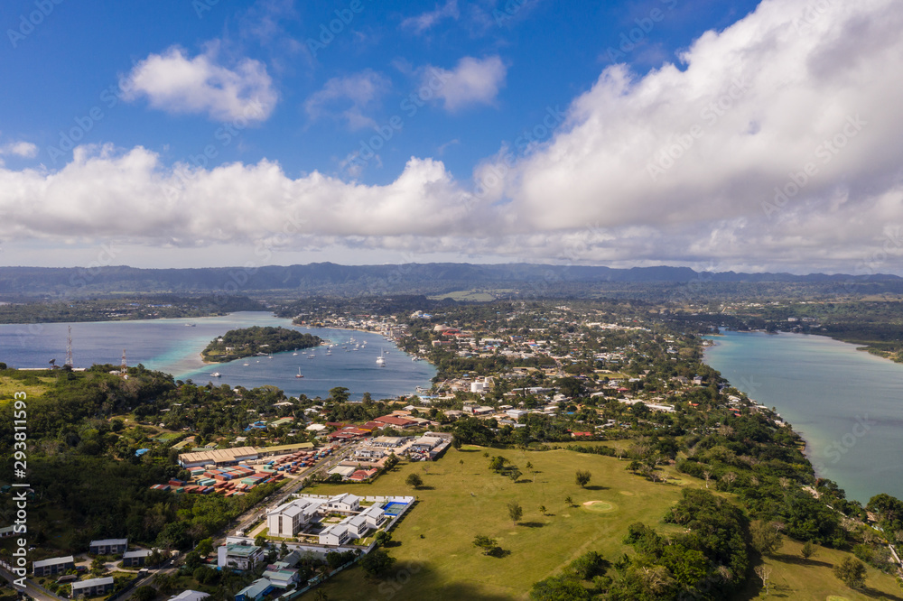 Aerial view of the Port Vila city and bay with the Iririki resort island in Vanuatu capital city in the Pacific.