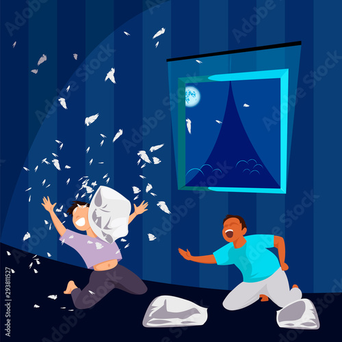 pillow fight. game for children. children in the room throw a pillow of feathers