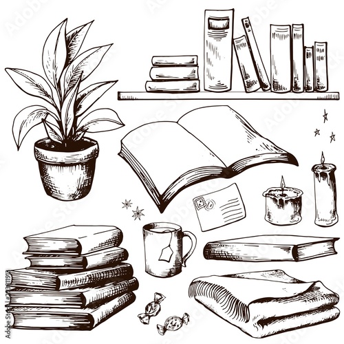 Books collection. Hand drawn vector illustration. Sketched clip art.
