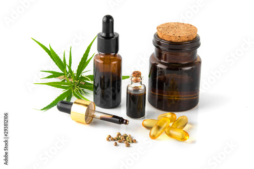 essential Cannabinol CBD, cannabis molecule. cannabis or hemp or marijuana, Green concept isolated on white background. Cannabis leaves from hemp leaf, 