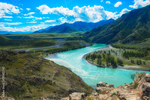 The confluence of two rivers  Katun and Chuya  the famous tourist spot in the Altai mountains  Siberia  Russia