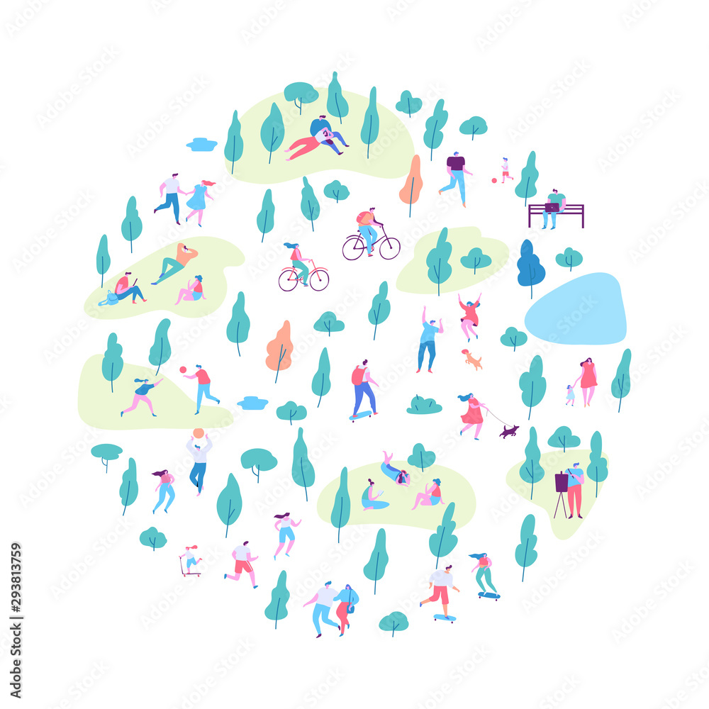Various people at spring or summer park background. Leisure outdoor activities - walking dog, playing with ball, jogging, reading, picnic. Cartoon style flat vector illustration. Various people at spring or summer park background. Leisure outdoor activities - walking dog, playing with ball, jogging, reading, picnic. Cartoon style flat vector illustration.