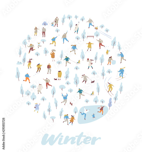 Winter park with tiny people flat vector background. Crowd of happy people in warm clothes. Winter outdoor activities - skating, skiing, throwing snowballs, building snowman.