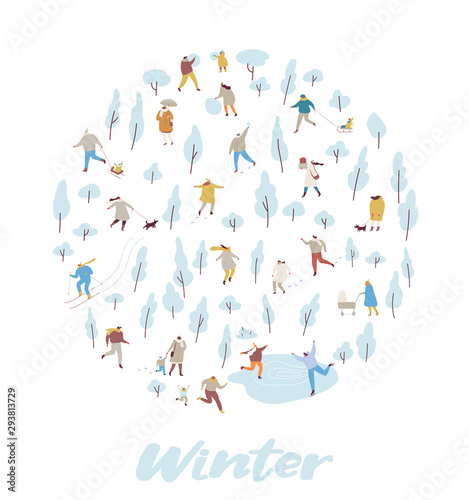 Winter park with tiny people flat vector background. Crowd of happy people in warm clothes. Winter outdoor activities - skating, skiing, throwing snowballs, building snowman.