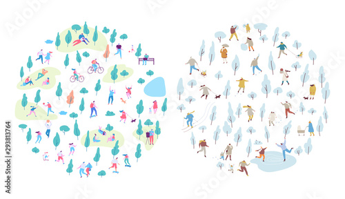 Seasons changing - summer and winter. Public park with tiny people flat vector background. Crowd of happy people, outdoor activities.