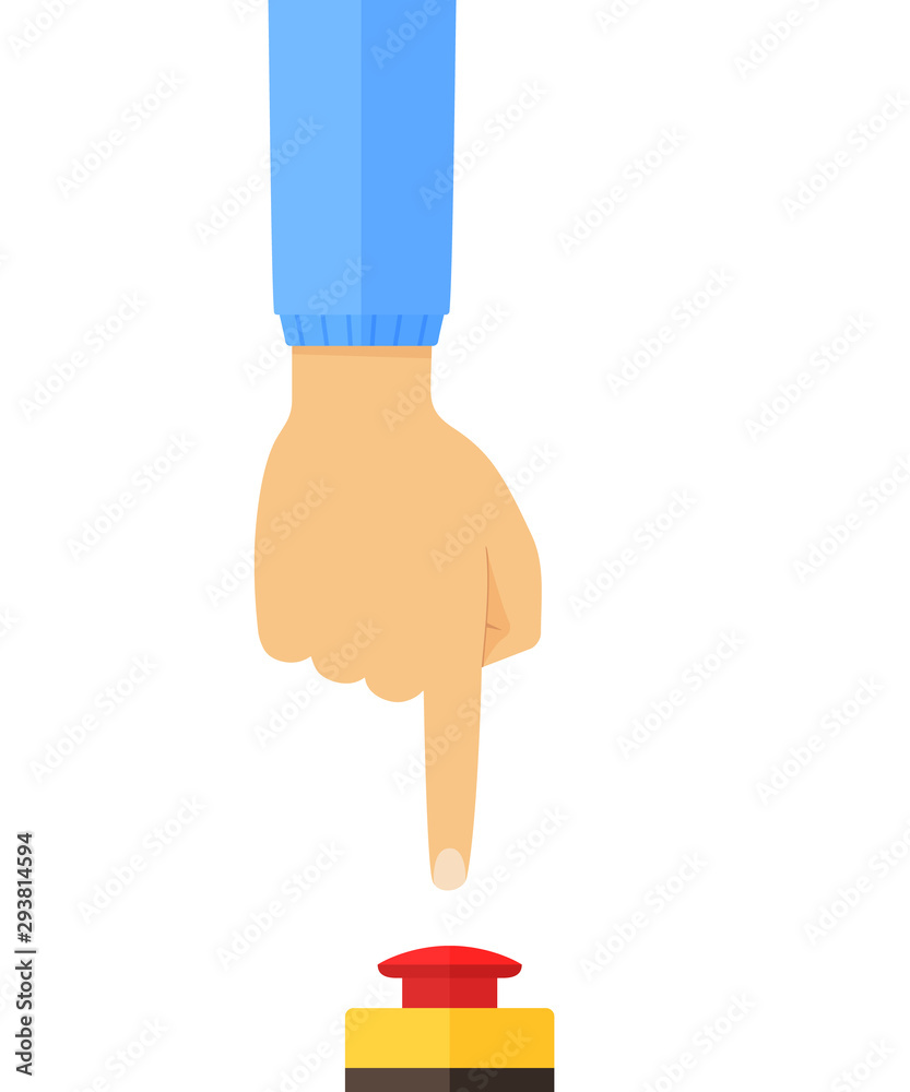 Hand in blue jacket pushing or pressing the big mushroom emergency stop push button switch station red button. Side view. Flat style vector concept illustration isolated on white background.