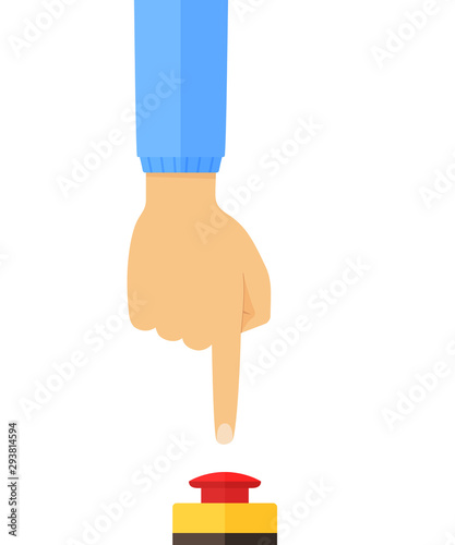 Hand in blue jacket pushing or pressing the big mushroom emergency stop push button switch station red button. Side view. Flat style vector concept illustration isolated on white background.