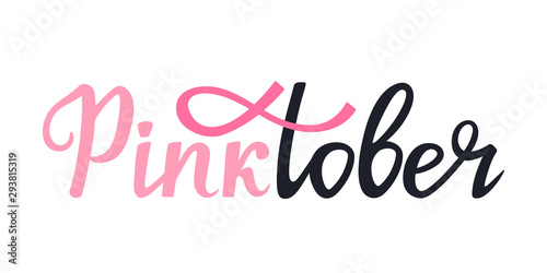 National Breast Cancer Awareness Month banner. Pinktober hand drawn lettering with ribbon