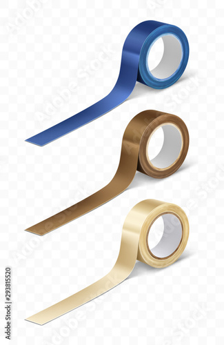 Transparent, blue and brown duct roll adhesive tape realistic vector illustration isolated on transparent background. Office and household supplies, construction sellotape