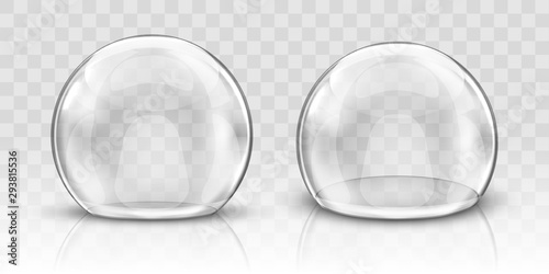 Glass dome or sphere realistic vector. Glass round dome, empty crystal globe, transparent food storage container or product presentation case with reflection, illustration isolated on background