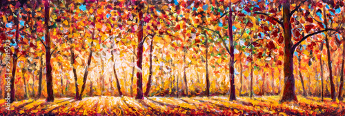 Autumn  panorama Original oil painting on canvassunny park with red golden trees and meadow , natural seasonal background Original oil painting on canvas