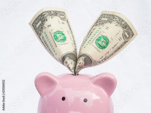 Pink piggy bank with dollars bank note, Saving money for future plan and retirement fund concept