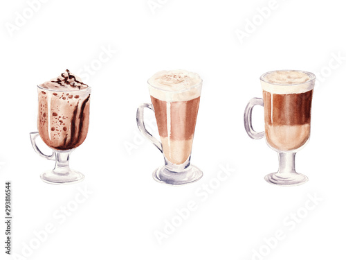 Hand painted Set with Cup of Coffee Latte and Glass of chocolate mocha coffee isolated on white background.