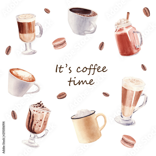 Hand painted Set with Cup of Coffee Latte, cocoa and Glass of chocolate mocha coffee isolated on white background.