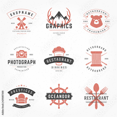 Vintage logos and badges typographic design with hand drawn style silhouettes and symbols set vector illustration
