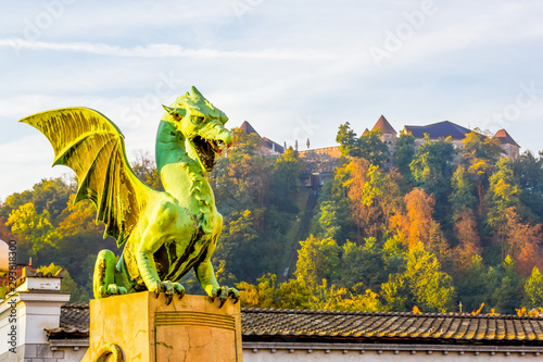 Figure of a dragon against the backdrop of the castle hill in Lj