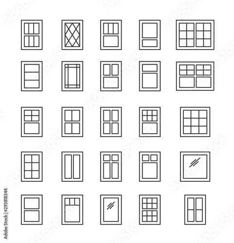 Casement & awning windows. Architecture elements. Line icons set. Traditional, & french window frames