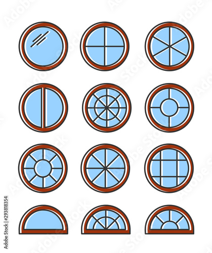 Round & circle window. Casement & awning window frames. Flat line icon set. Vector illustration. Isolated objects