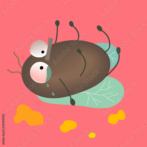 Cartoon dying fly lying on its back. Funny card with fly insects.