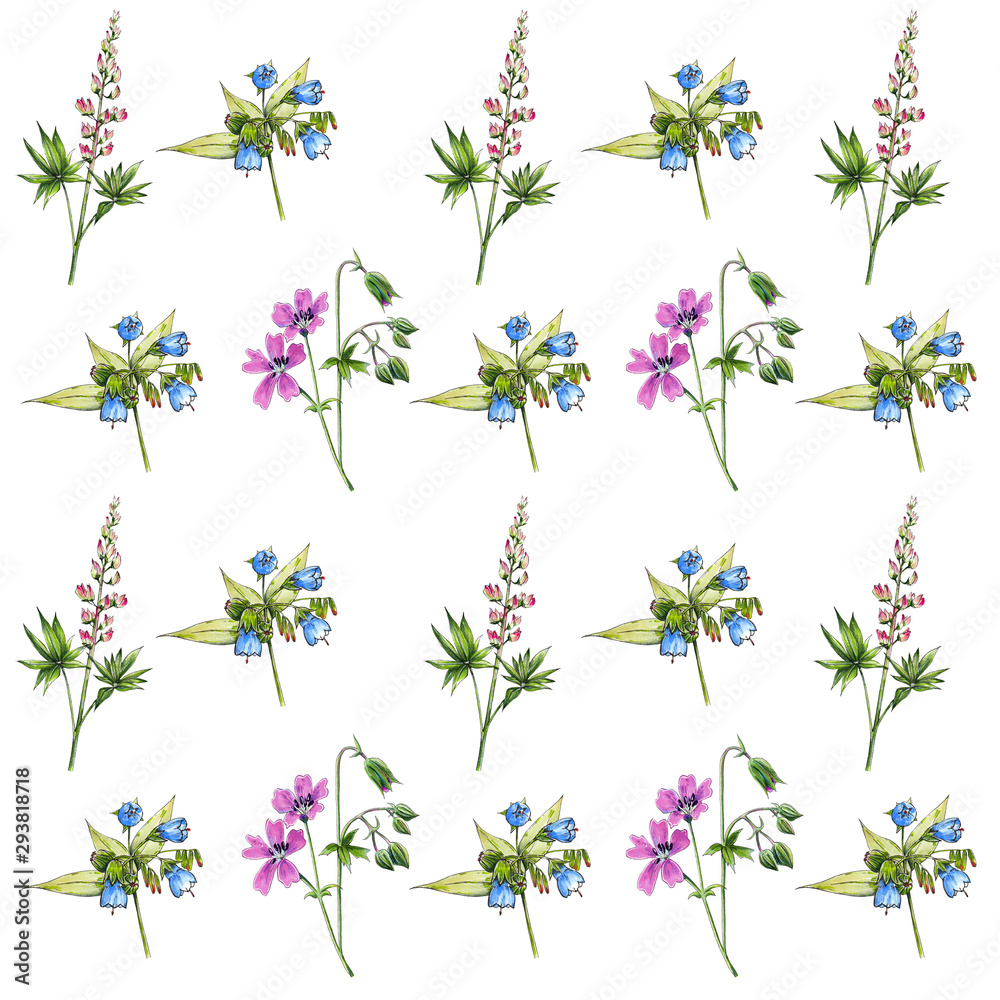 Watercolor pattern with pink lupines and blue wildflowers on isolated white background. Repeated gentle and realistic romantic ornament