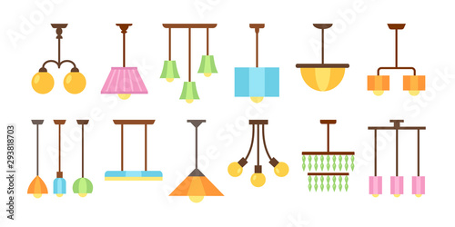 Ceiling pendant lamps & chandeliers with led bulbs. Light fixtures for home. Vector flat icon set. Isolated objects