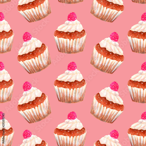 Watercolor seamless pattern with cupcakes and berries on pink background. Repeating ornament of delicious colorful muffins with white cream and raspberries.