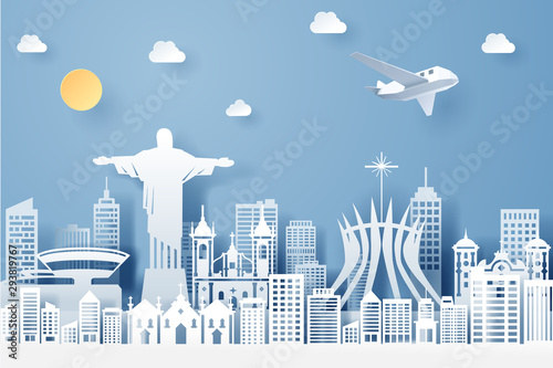 paper cut of brazil landmark, travel and tourism concept
