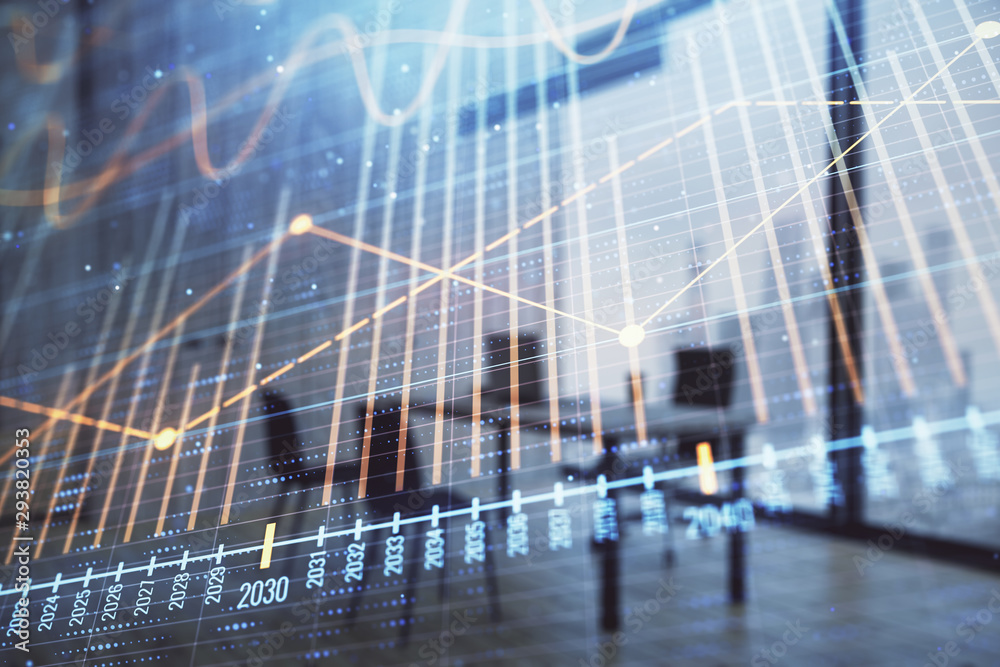 Business theme graph hologram with minimalistic cabinet interior background. Double exposure. Stock market concept. Business theme graph hologram with minimalistic cabinet interior background. Double exposure. Stock market concept.