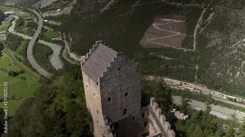 flight above austrian castle kronburg with river and forest photo