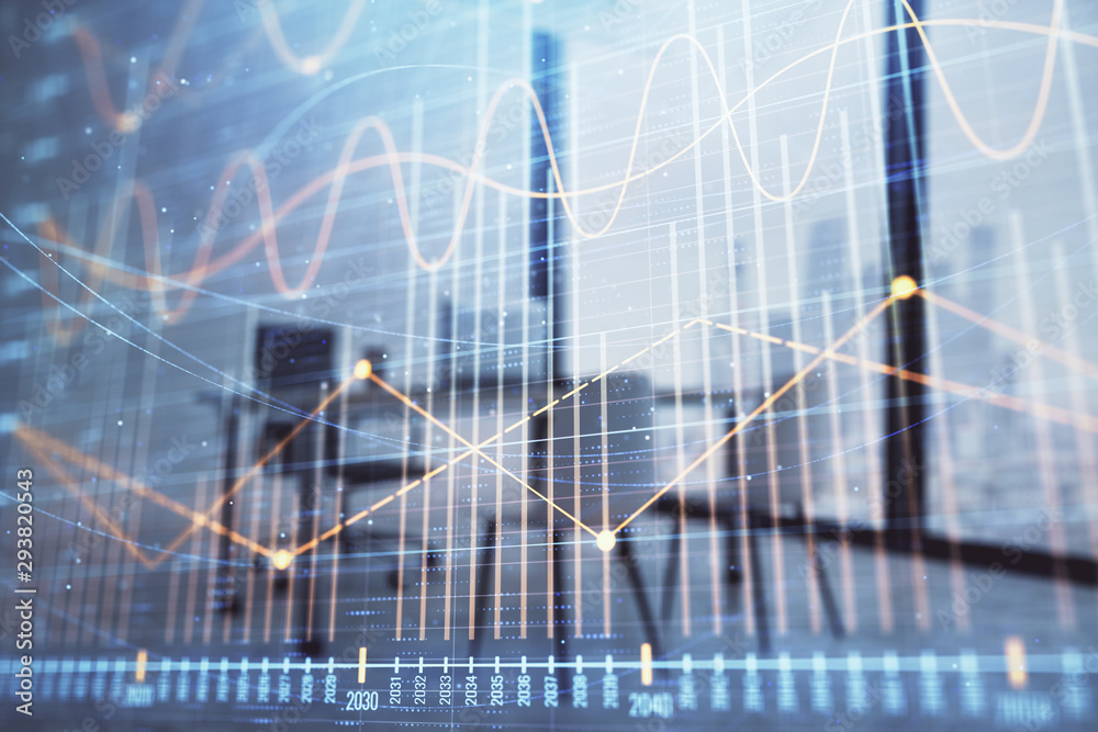 Forex chart hologram with minimalistic cabinet interior background. Double exposure. Stock market concept. Forex chart hologram with minimalistic cabinet interior background. Double exposure. Stock market concept.