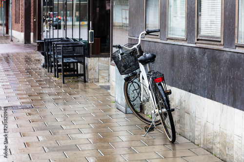 bike on a rainy day in city