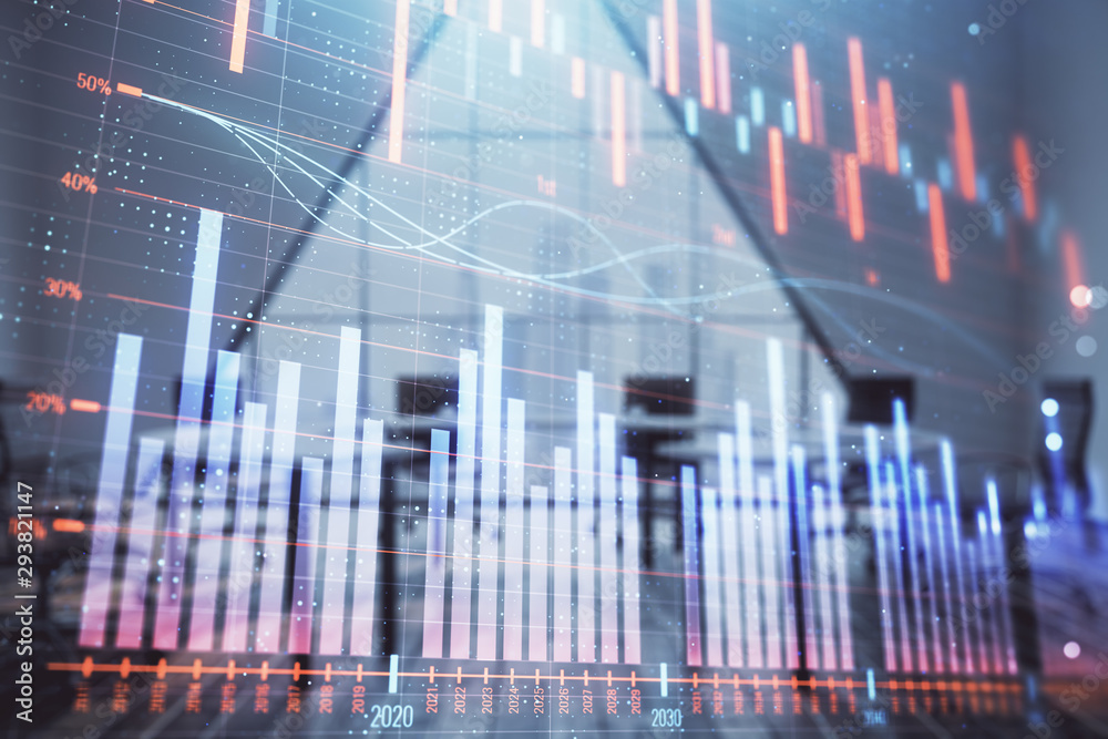 Double exposure of forex chart on conference room background. Concept of stock market analysis Double exposure of forex chart on conference room background. Concept of stock market analysis