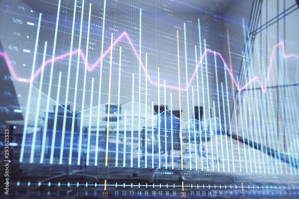 Multi exposure of stock market graph on conference room background. Concept of financial analysis Multi exposure of stock market graph on conference room background. Concept of financial analysis