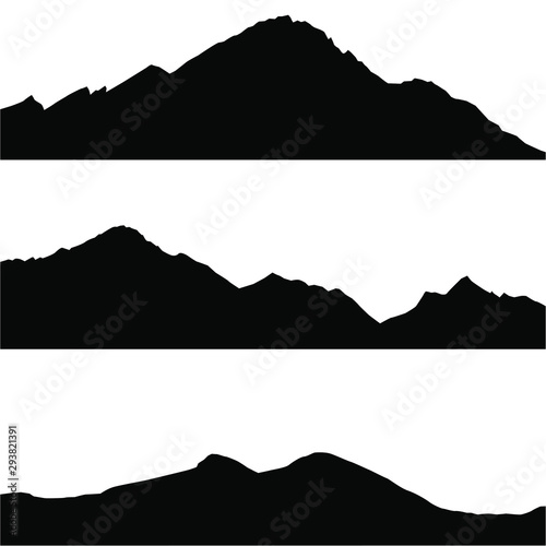 Vector silhouettes of the mountains, black color on the white background. Set of outdoor design elements, border of rocky mountains