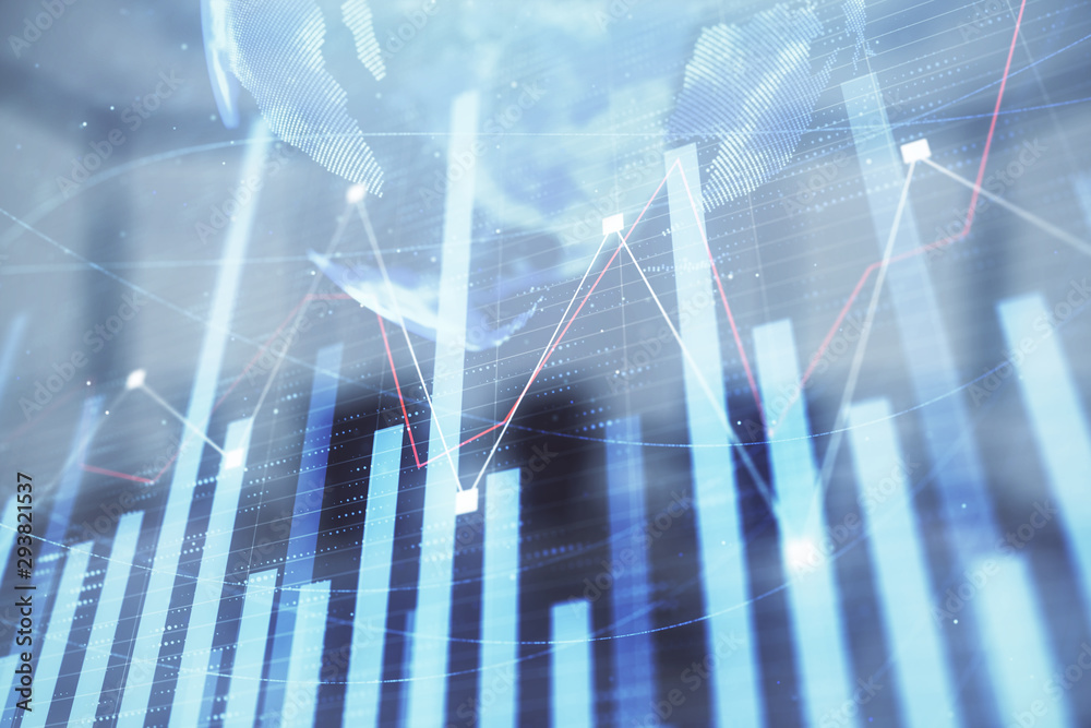 Double exposure of stock market graph with globe hologram on conference room background. Concept of international finance Double exposure of stock market graph with globe hologram on conference room background. Concept of international finance