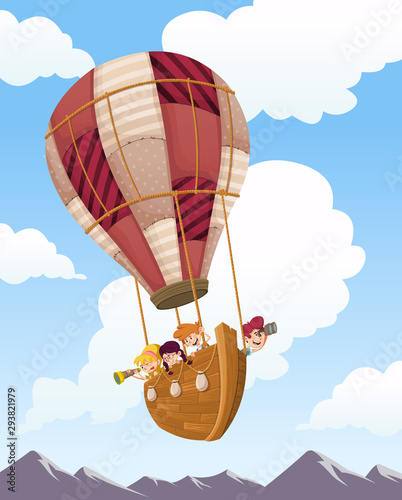 Cartoon kids inside wooden boat on a hot air balloon flying on the sky