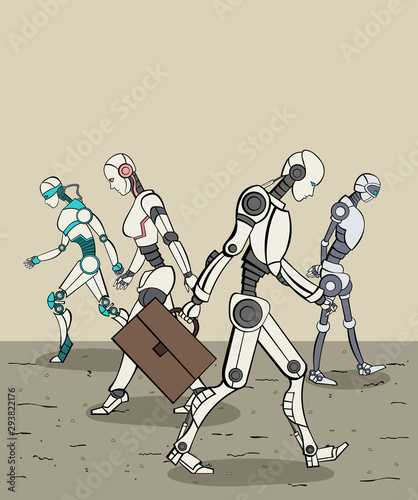 Group of modern robots walking. Cyborgs with artificial intelligence technology.