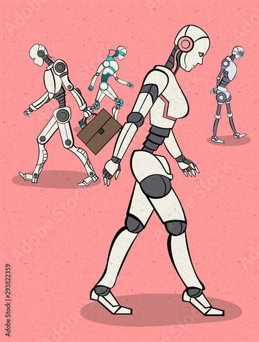 Group of modern robots walking. Cyborgs with artificial intelligence technology.
