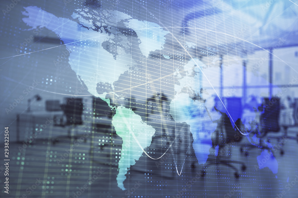 World map with trading desk bank office interior on background. Multi exposure. Concept of international finance World map with trading desk bank office interior on background. Multi exposure. Concept of international finance