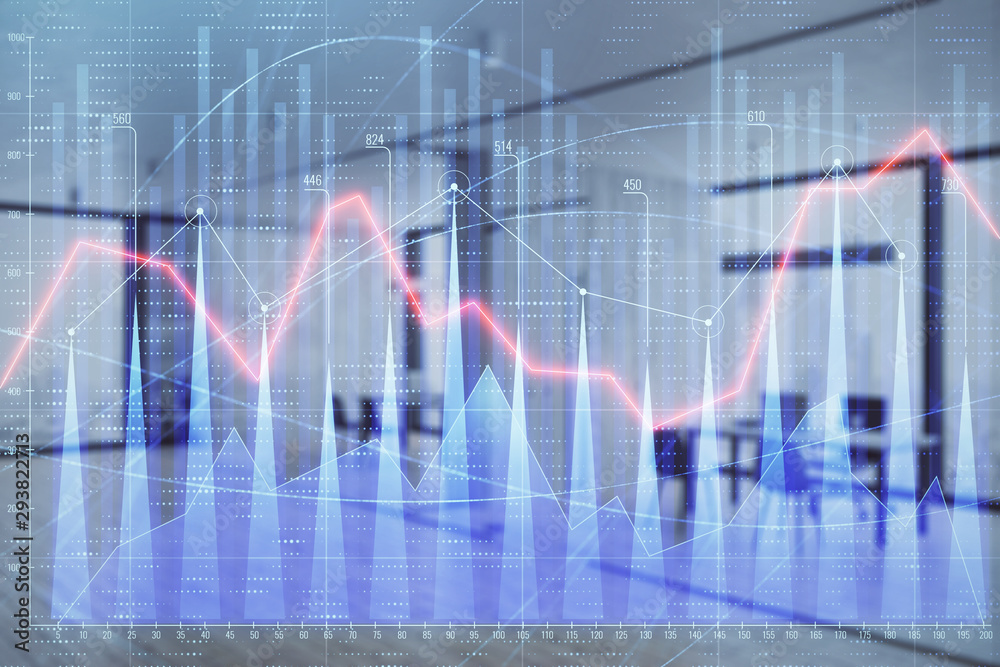 Stock and bond market graph with trading desk bank office interior on background. Multi exposure. Concept of financial analysis Stock and bond market graph with trading desk bank office interior on background. Multi exposure. Concept of financial analysis