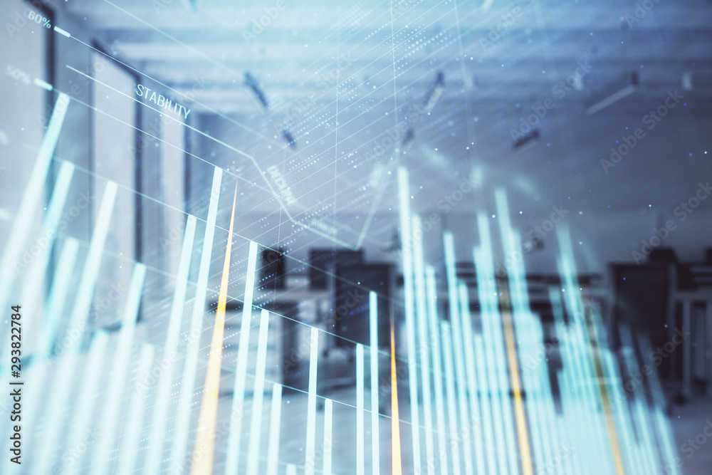 Stock and bond market graph with trading desk bank office interior on background. Multi exposure. Concept of financial analysis Stock and bond market graph with trading desk bank office interior on background. Multi exposure. Concept of financial analysis