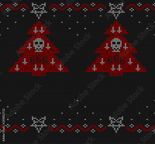 Ugly sweater knitted seamless pattern in black, red and white colors. Christmas tree decorated with a pentagram, inverted crosses and a skull.